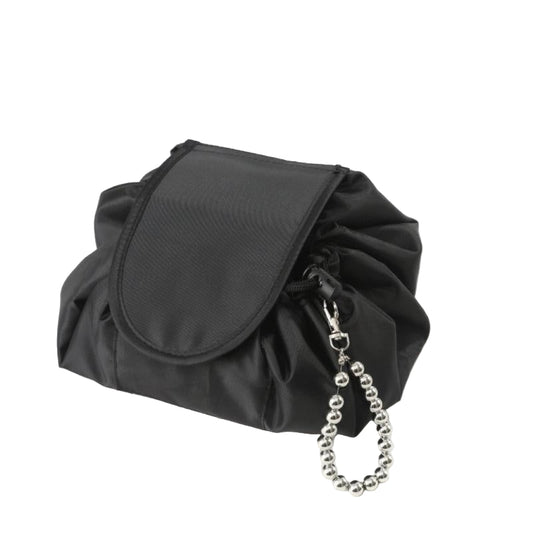 Drawstring PU leather cosmetic travel bag in black
