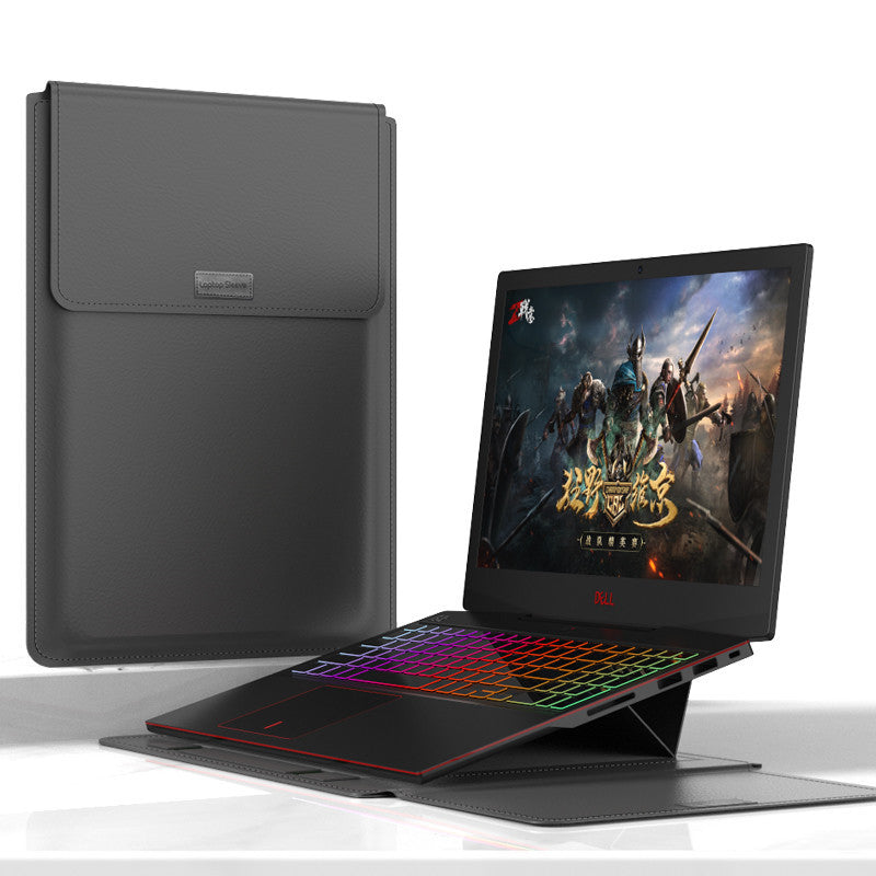 Grey B PU laptop sleeve with built-in bracket by B & P Atelier