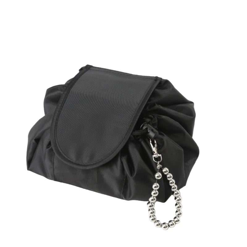 Drawstring PU leather cosmetic travel bag in black