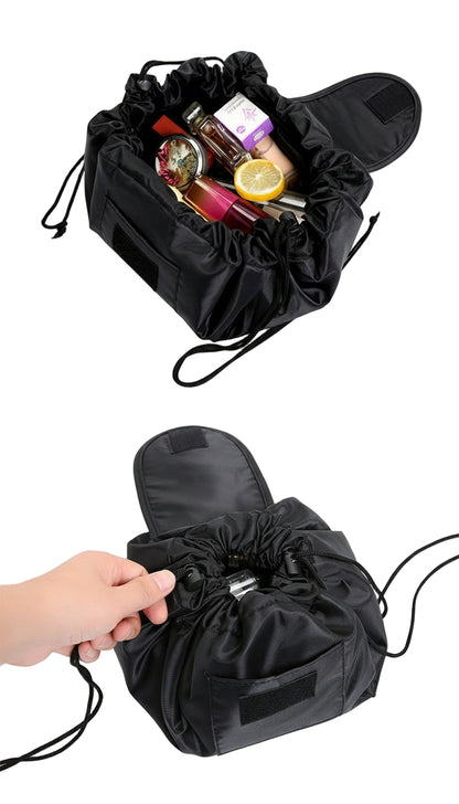 Black drawstring bag with cosmetic items on a white background