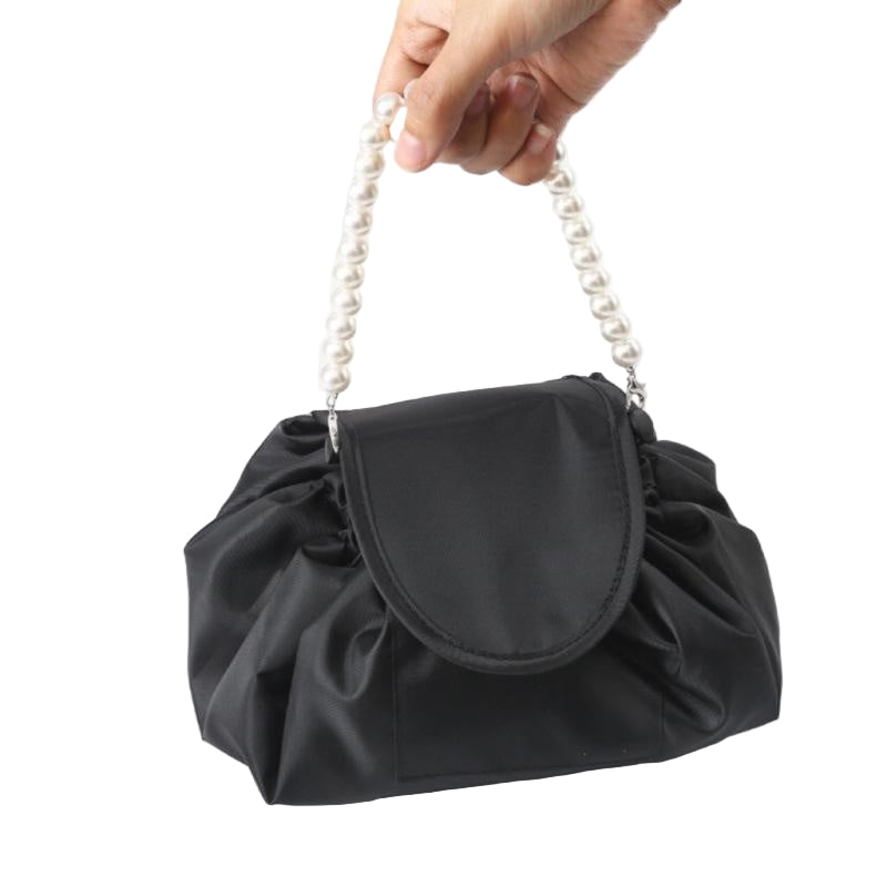 Drawstring PU leather cosmetic travel bag in black