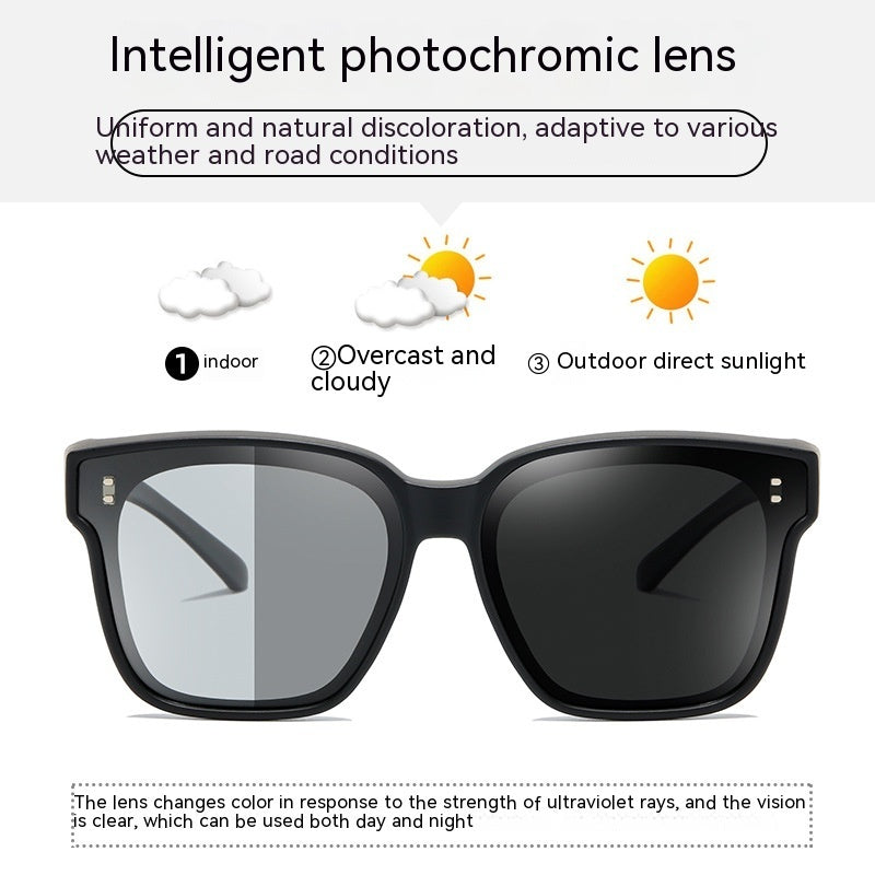 Sunglasses with photochromic lens technology and weather conditions illustration.