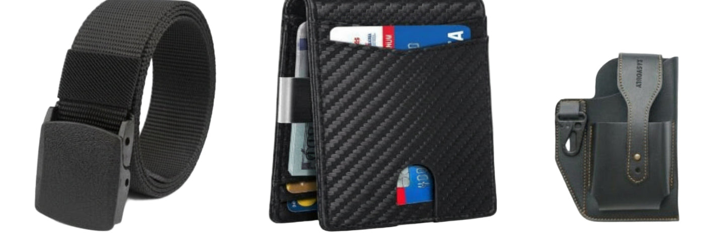 Black belt, carbon fiber wallet with cards, and black holster accessory set by B & P Atelier.