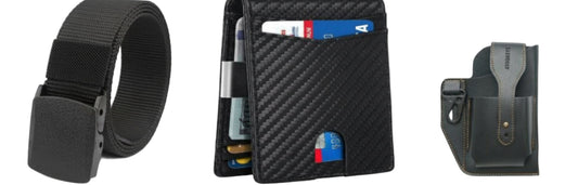 Black belt, carbon fiber wallet with cards, and black holster accessory set by B & P Atelier.